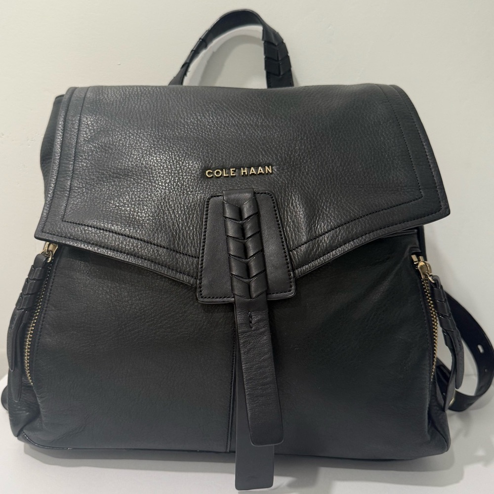 Cole Haan Felicity Palo Black Leather Backpack w/Blue Fabric Interior Woven Zip